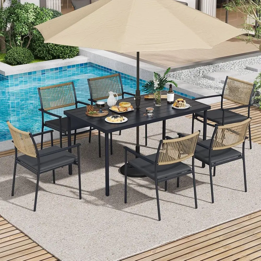 

7-Piece Outdoor Dining Set with Wicker Chairs and Matte Metal Table, Black