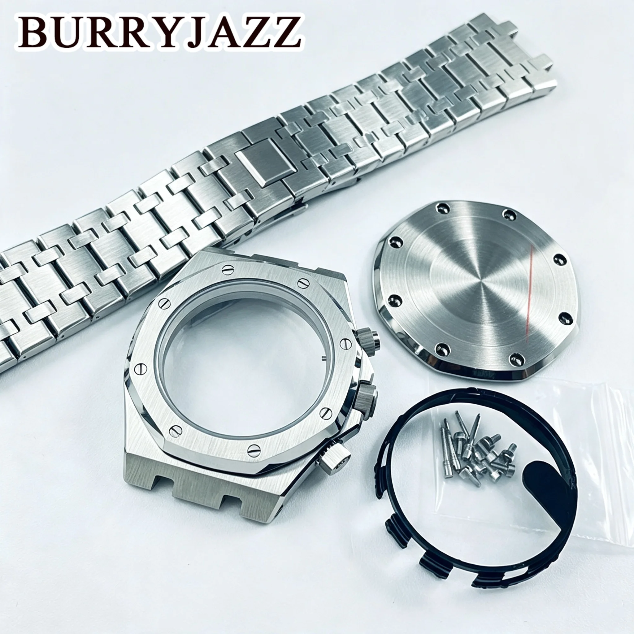 VK63 42mm PVD Silver Watch Sapphire Crystal Watch Case+Strap Solid Stainless Steel Bracelet Fit VK63VK63A Case Modified AP Parts