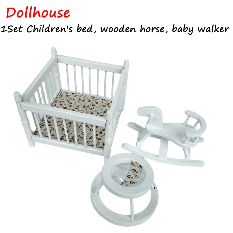 1:12 Poppenhuisminiaturen Kinderbox Kinderen Bed Trojaans Paard Loopstoeltje 3-delige Set Model Poppenhuis Decor Fantasiespel speelgoed DIY