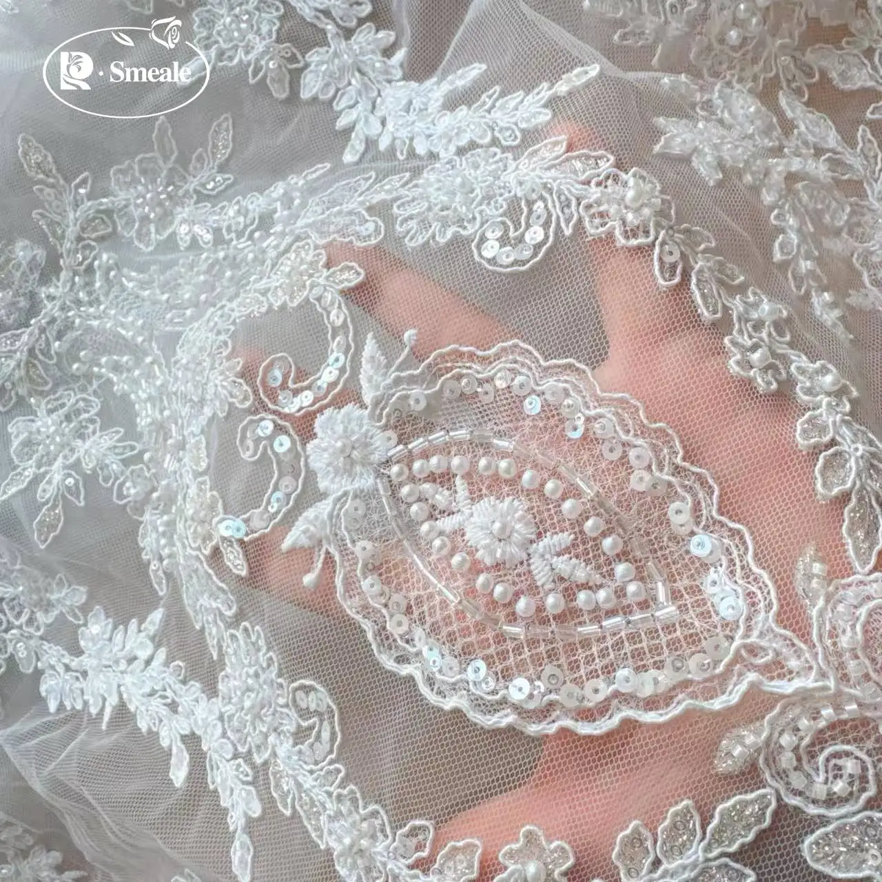 European Style Luxury Rope Embroidery Beaded Sequin Wedding Dress, Advanced Custom-Made Sewing, 3D Bridal Lace Fabric