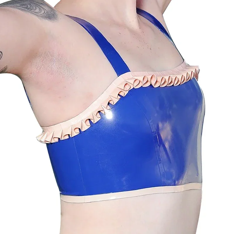 Blue And Pink Sexy Latex Crop Top With Ruffs Bows  Buttons At Back Rubber Bras Lingerie Brassiere Cosplay