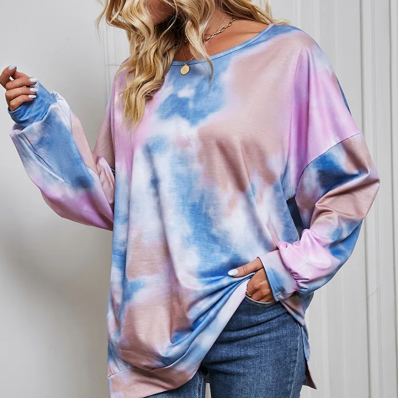 Independent Real Shot 2024 New Autumn and Winter Long-sleeved Round Neck Sweater Loose Tie-dye Printing European and American Le