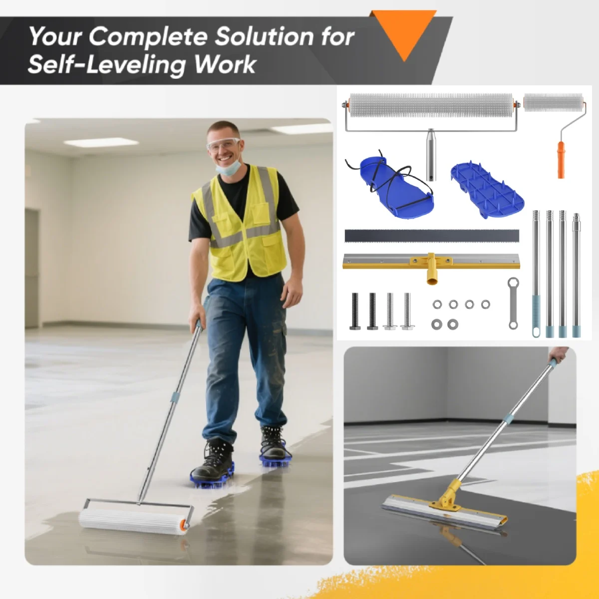 Kit d'outils pour ciment autonivelant avec rallonge de 1,6 m, rouleau à pointes pour la construction de sols, outil pour peinture époxy de sol, râteau autonivelant et racloir.