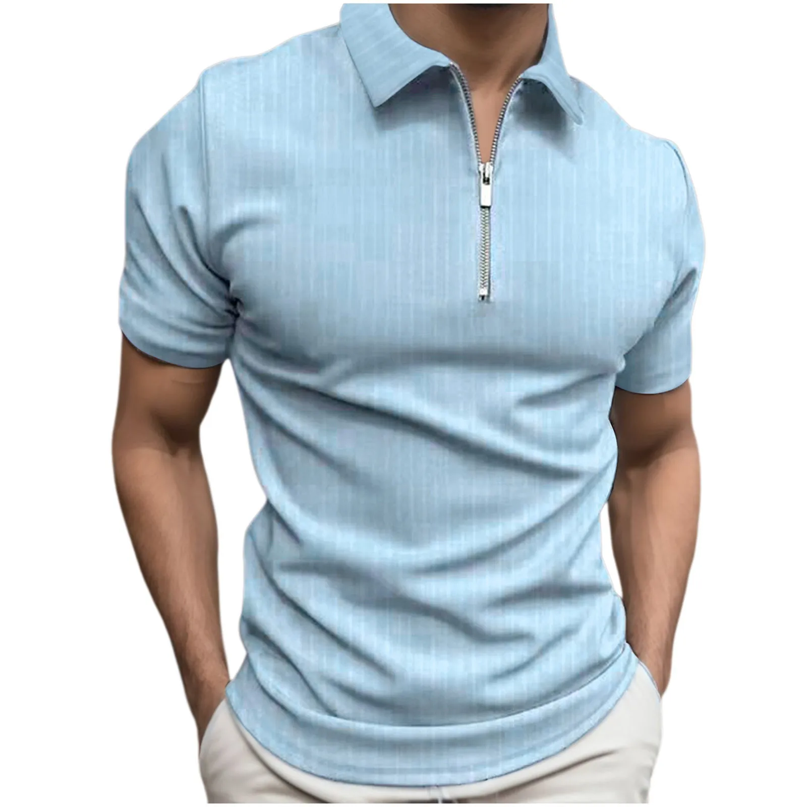 Mens Polo Shirts Short Sleeve Solid Color Zipper Lapel Slim Fit T-Shirt Business Basic Bottoming Shirt Summer Casual Male Tops