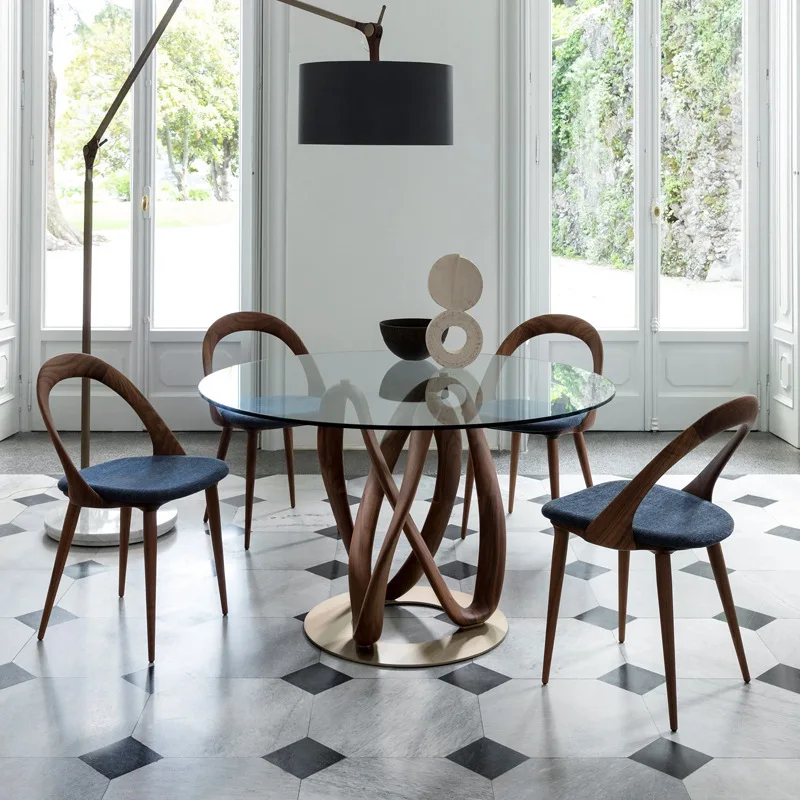 Minimalist natural marble round dining table Solid wood villa large log dining table