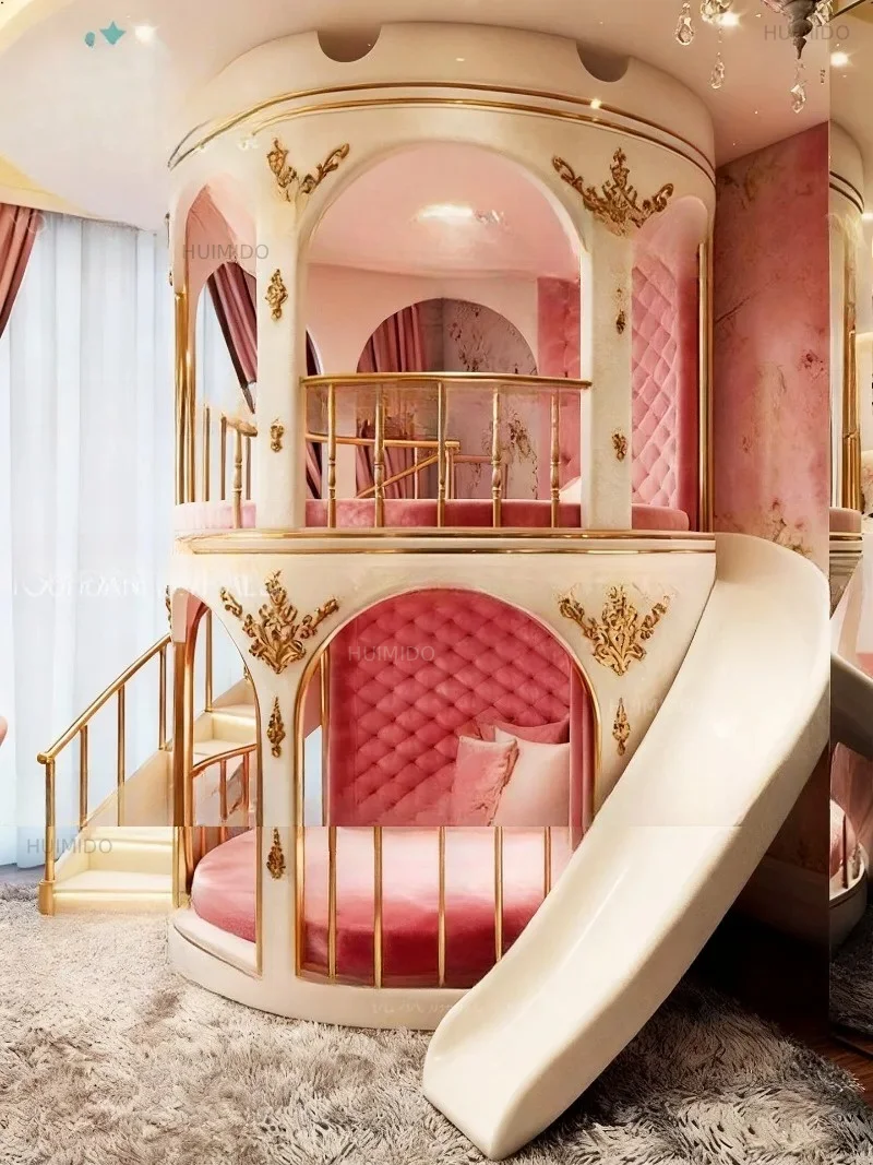 Princess castle double-layer children's bed European queen wind up and down bed round bed solid wood with slide stairs up and do