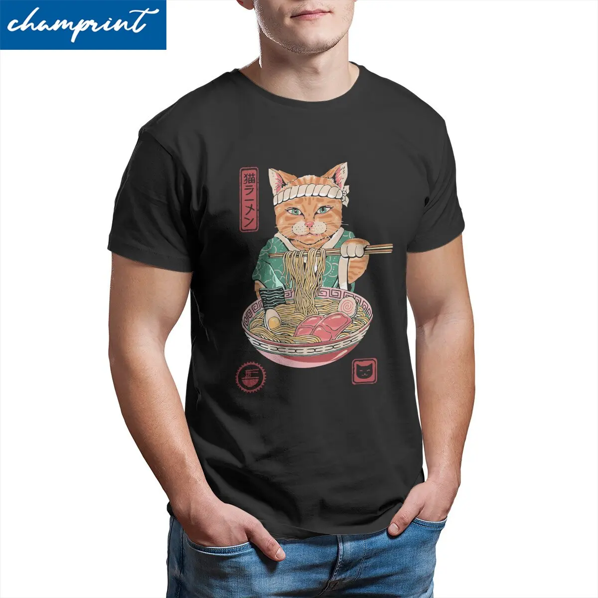 Camiseta Vintage Neko Ramen Cat para hombres, 100% algodón, bonita Camiseta de manga corta japonesa Genki, ropa recién llegada