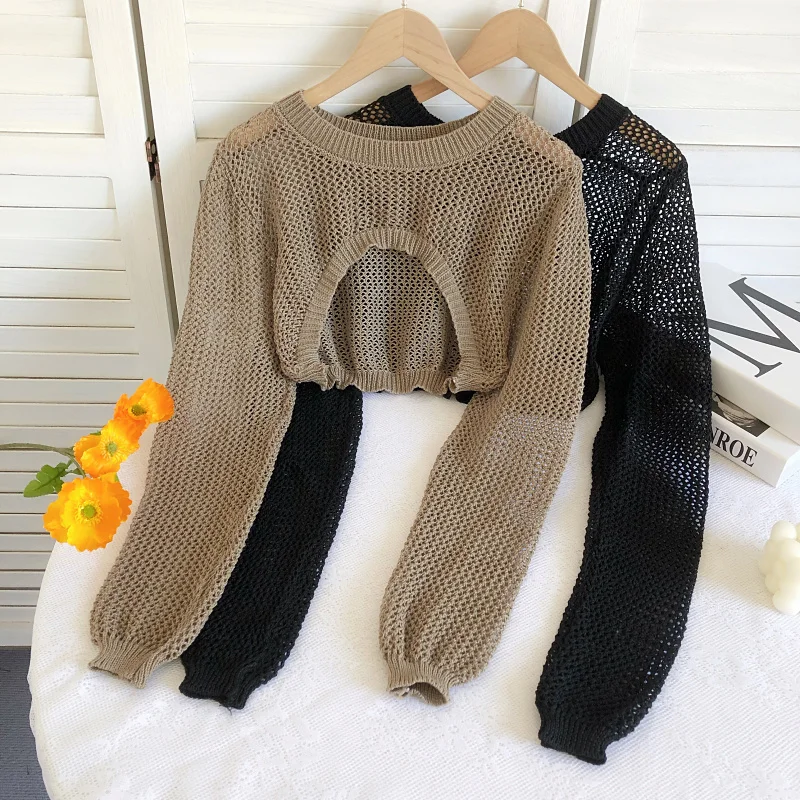 OUMEA Women Pointelle Sweater Knit Tops Summer Long Sleeve Cropped Beach Cover Up Plain Color Curve Hem Chic Casual Tops