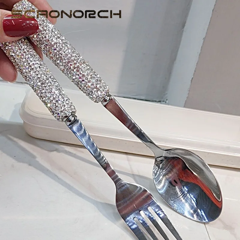 Luxury Spoon Fork Knife Chopsticks Set 304 Stainless Steel Cutlery Tableware Sparkling Diamond Flatware Dinnerware Set With Case