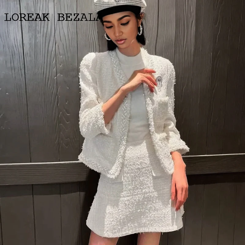 Ensemble veste + jupe en Tweed blanc pour femme, tenue de vacances élégante, printemps/automne, 2 pièces