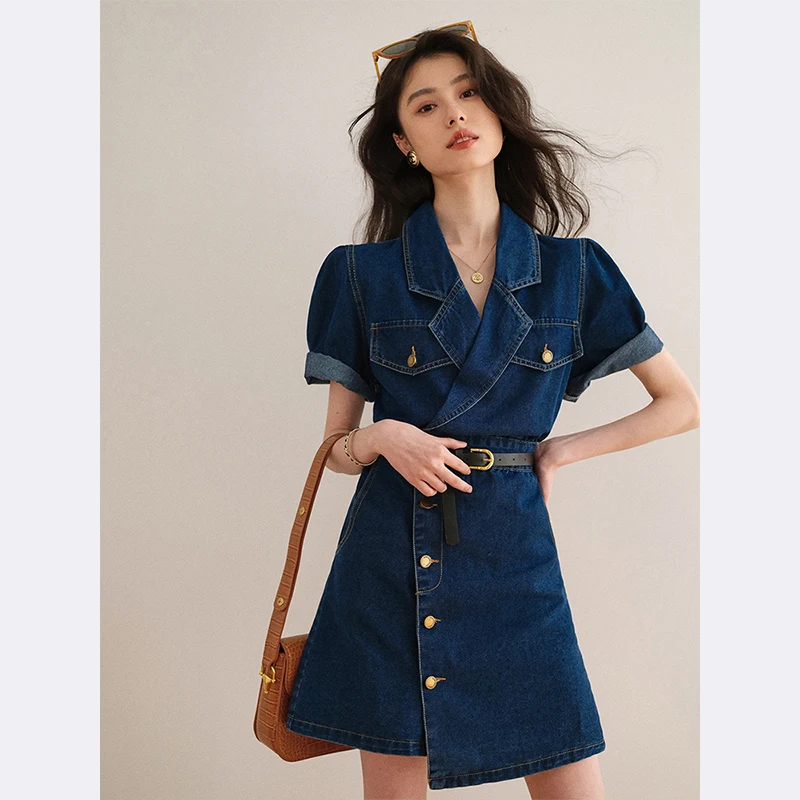 Women Summer V-neck Denim Dress With Belt Decor Single Breasted Style Blue Jean Dresses Turn-down Collar A-line Short Vestidos