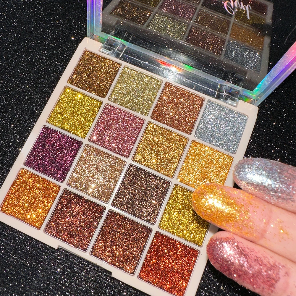 16 Colors Glitter Eyeshadow Palette Shimmer Multicolor Golden Color Sparkle Sequin Finish Body Face Makeup Stage Party Makeup