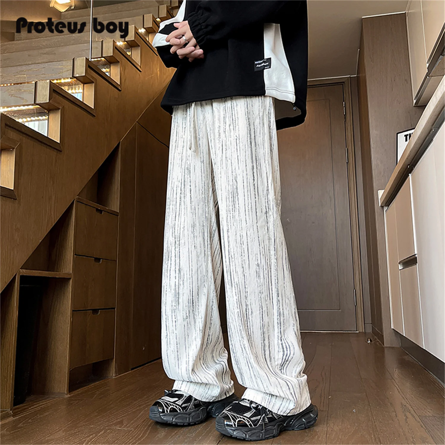 

ProteusBoy American Retro Striped Outdoor Sports Straight Leg Casual Trousers Dstring Loose Fit Long Pants for Teens