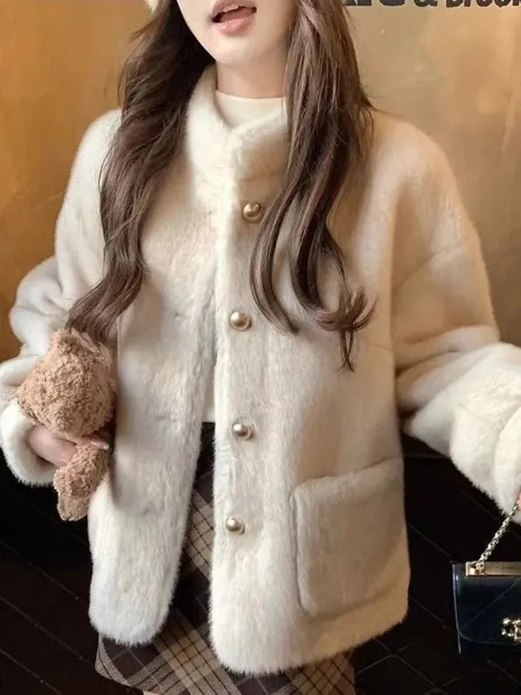 Leuke Faux Vos Jas Vrouwen Winter Zoete Lange Mouw Stand Kraag Jas Mode Zakken Koreaanse Single Breasted Elegante Uitloper Top