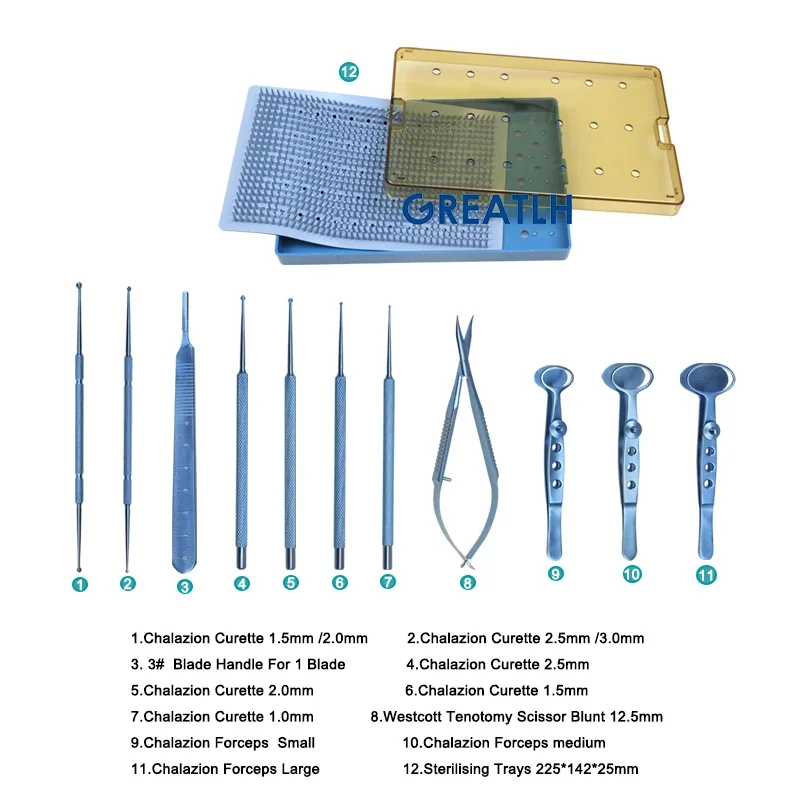 Eyelid Chalazion Curette Set Blade Handle with Sterilization Case Titanium Alloy Stainless Steel Ophthalmic Eye Instrument