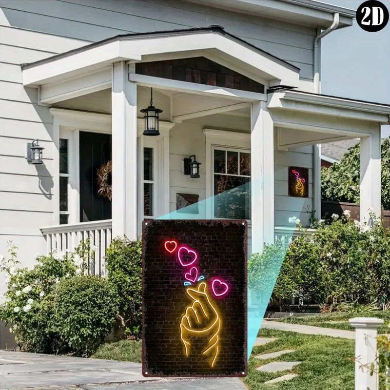 Vintage Metal Tin Sign, Neon‑Style NO LED Lights，Heart Hand Gesture Neon Style Wall Art Decor for Home Office Bar Cafe