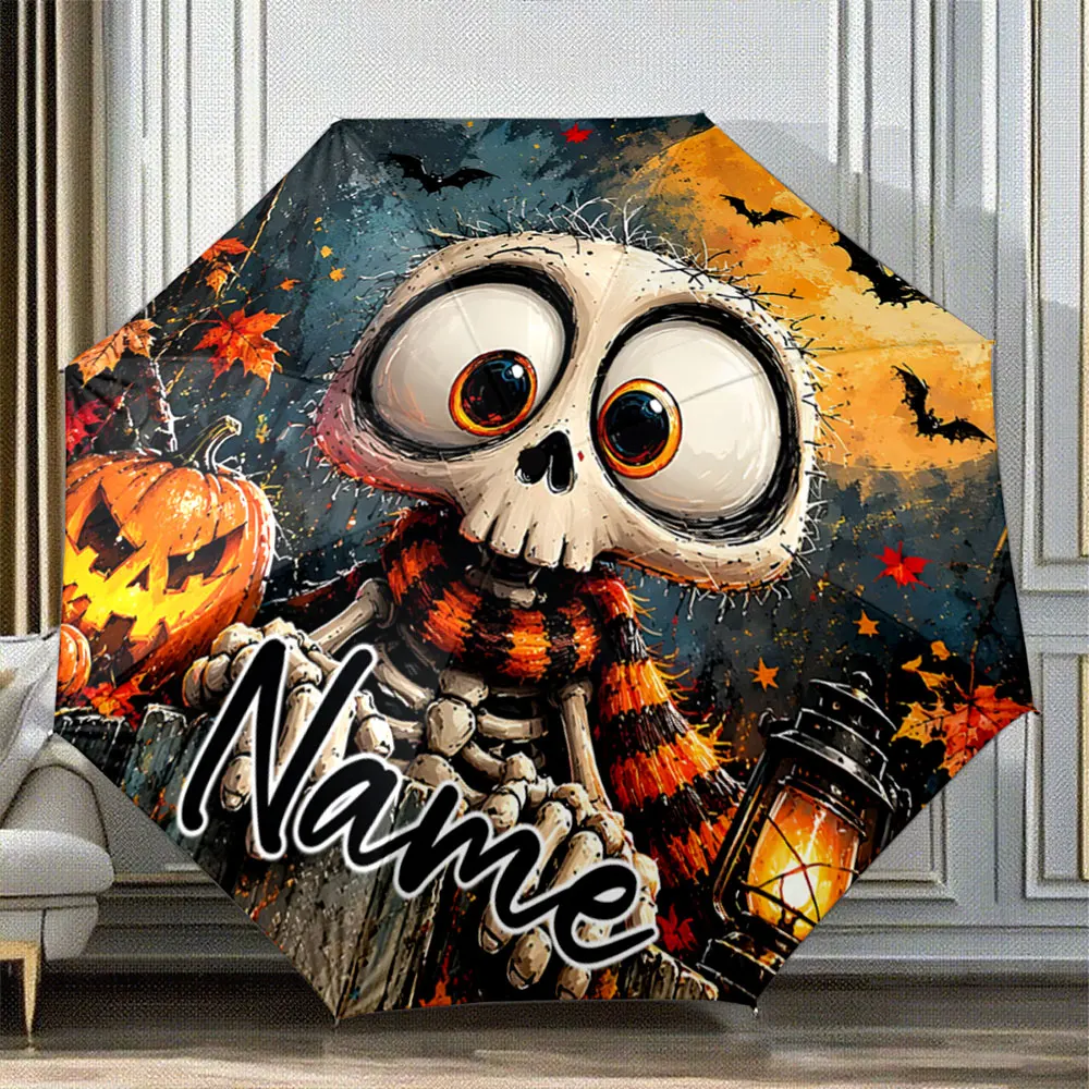 Custom Name Umbrella Halloween Cartoon Skeleton 8 Iron Ribs Folding Umbrella Auto-Open Fashion Sunshade
