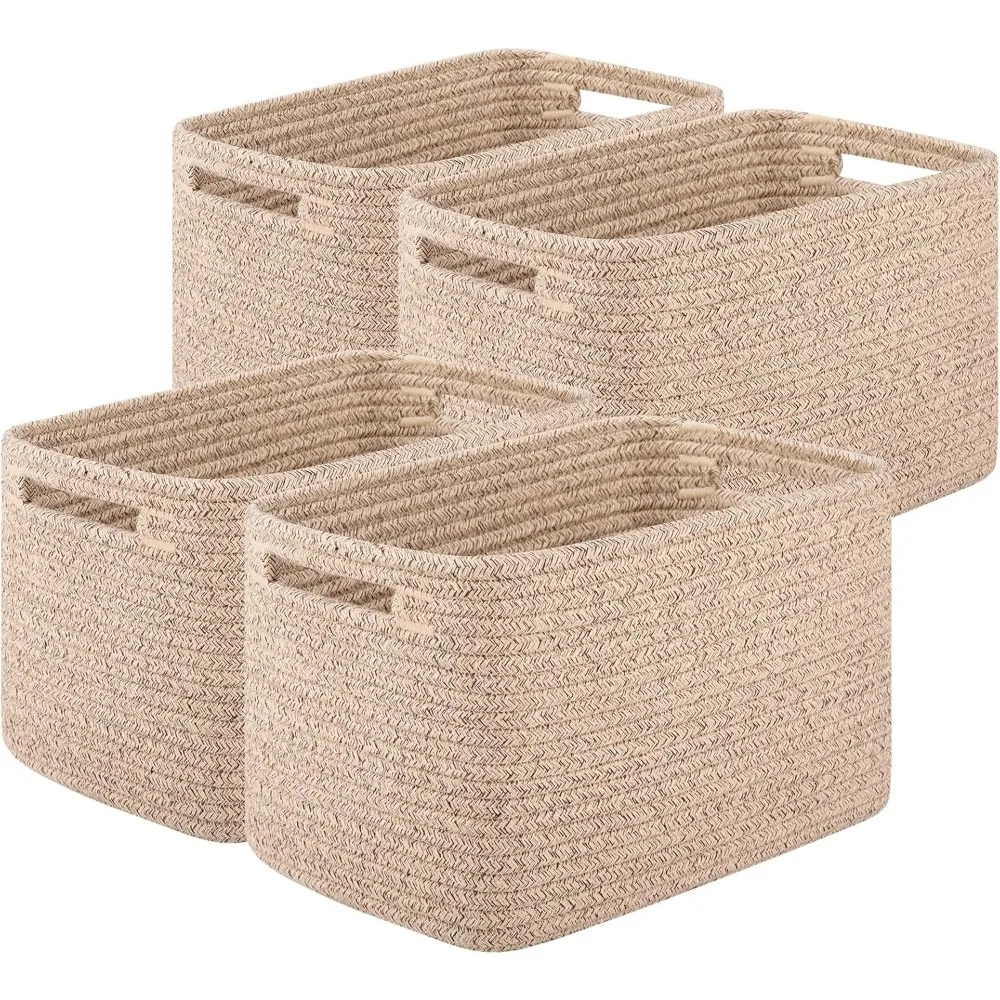 

Woven Storage Baskets Decorative Cotton Rope Organizer for Books Towels Clothes Pack of Four Brown
