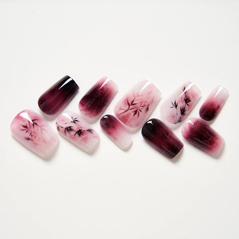 10Pcs Chinese Ink Bamboo Leaf Print False Nails: Short Press-on Acrylic Nails Adhesive Reusable Full Cover Nail Tips Stick On