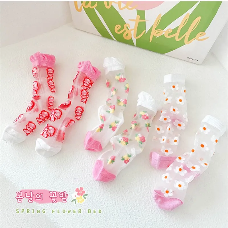 Chaussettes d'Été en Maille et Coton pour Fille, Transparentes, Mignonnes, à Fleurs, pour Bébé, 3 Paires