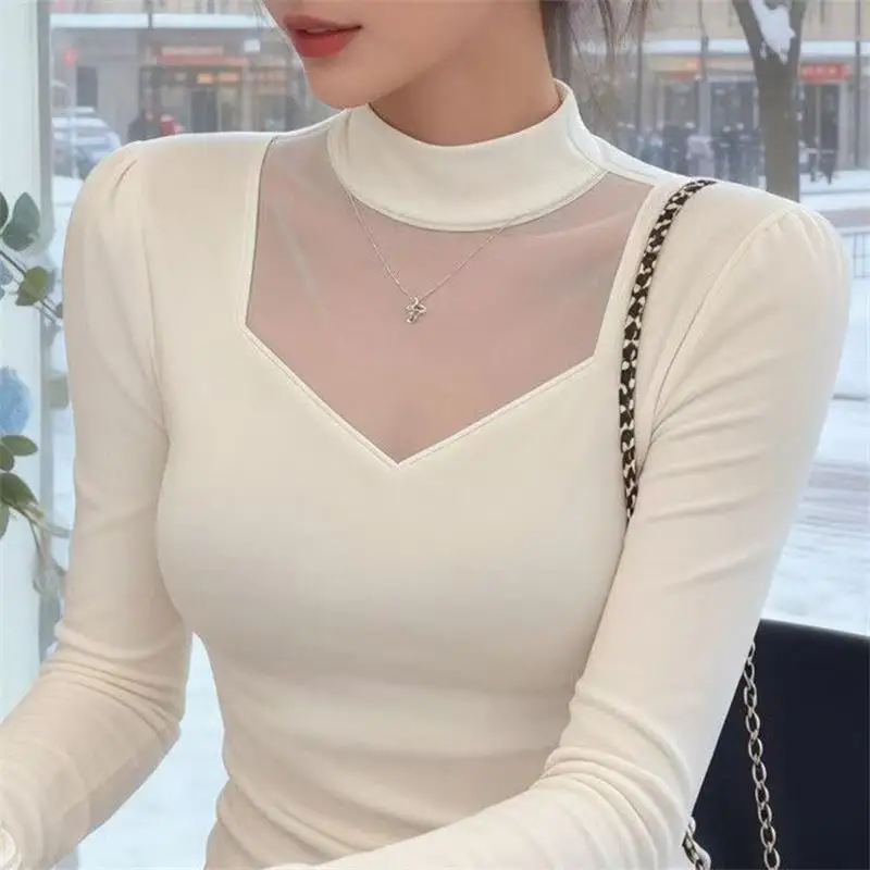 Damen Frühling Halbhoher Kragen Langarm T-Shirt mit Netzstoff-Einsätzen, Schwarzes Elegantes Transparentes Oberteil – Detail 5