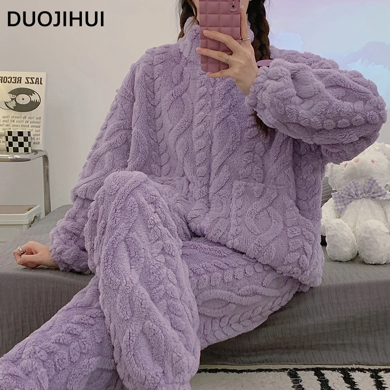 DUOJIHUI Chic Zipper Pure Color Flannel Loose Pajamas for Women Winter Thick Warm Simple Fashion Long Sleeve Female Pajamas Sets