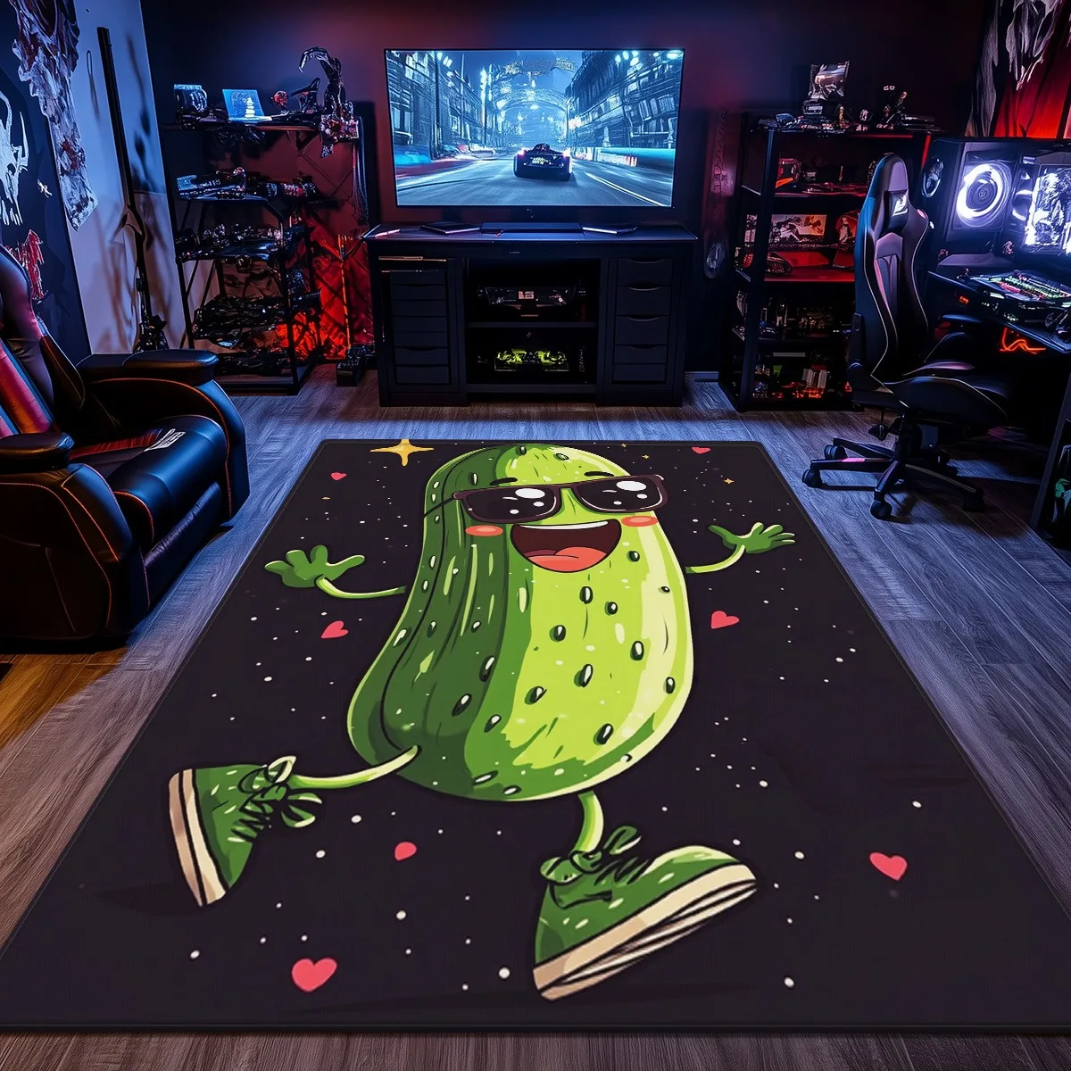 Pickle Rick dancing cartoon rug gamer room fun quirky decor black background with hearts stars cool meme inspired carpet