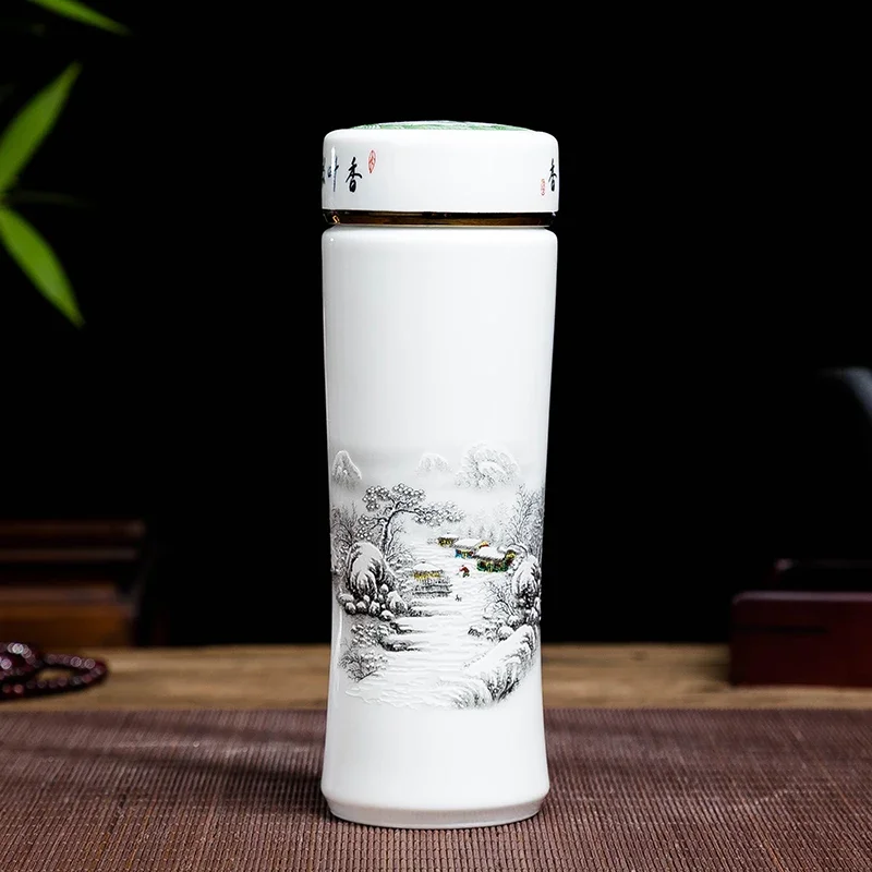 Jingdezhen ceramic teacup thermos mug with lid blue and white porcelain water cup liner office cup portable teacup Gift cup