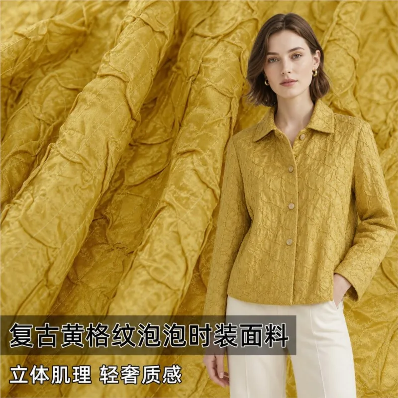 Light luxury yellow checkered bubble fabric shirt dress skirt designer