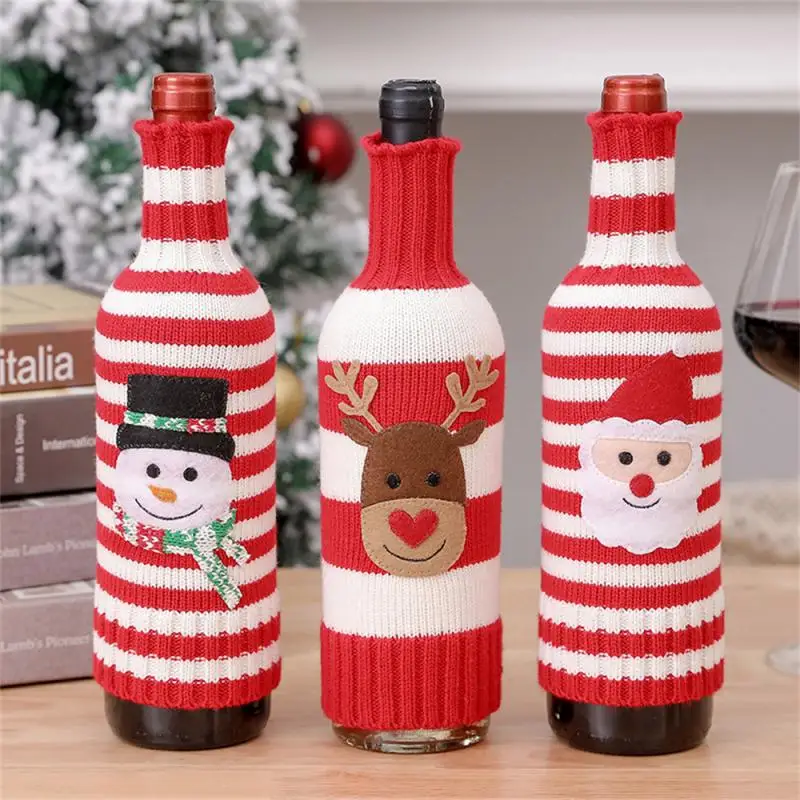 Christmas Wine Bottle Cover Set Santa Snowman Woven Wine Bottle Bags For Christmas Party Dinner Table Decorations New Year Gifts