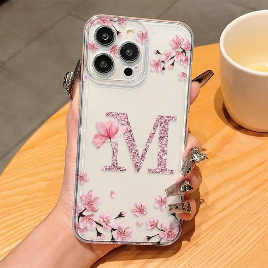 Pink Glittery Letter Element Fashion Letter M phone case for IPhone 18 Air/17 Pro Max/16 Pro/16/13 Pro Max/12 Pro Max 11 cove