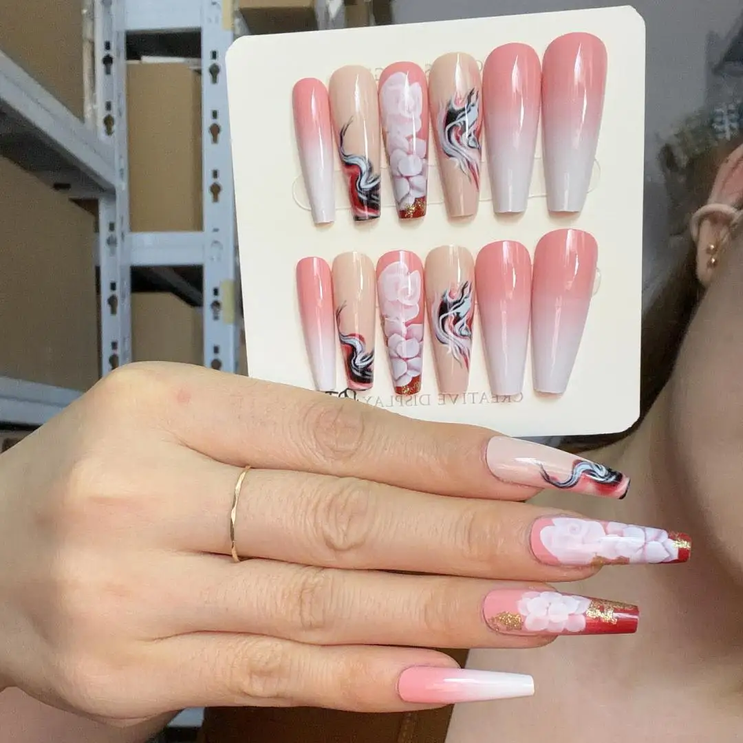 24Pcs/Box Long Ballet False Nails Acrylic Pink Floral Heart-Shaped Rhinestone Fake Nails Art Full Cover French Press on Nail