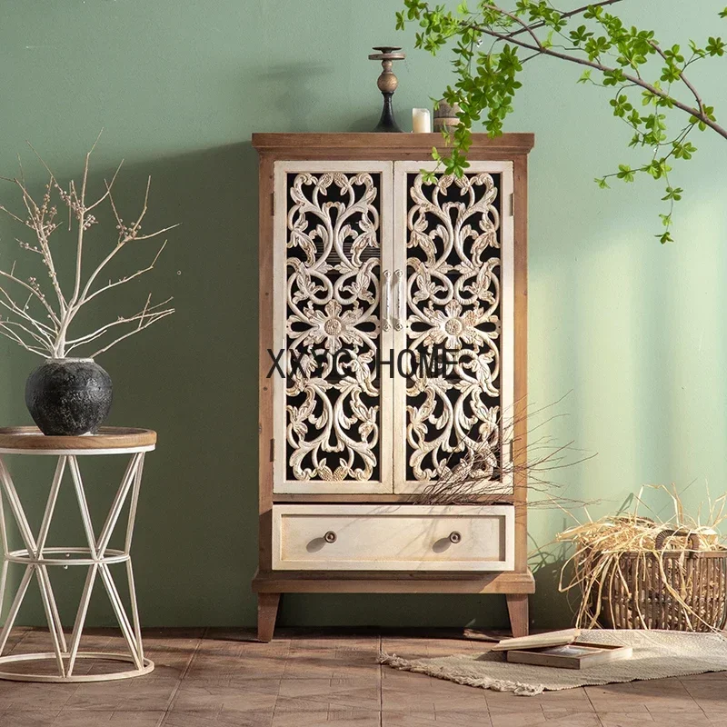 

Solid Wood Sideboard Kitchen Drawer Storage Locker Hollow Carved Vintage Cabinet