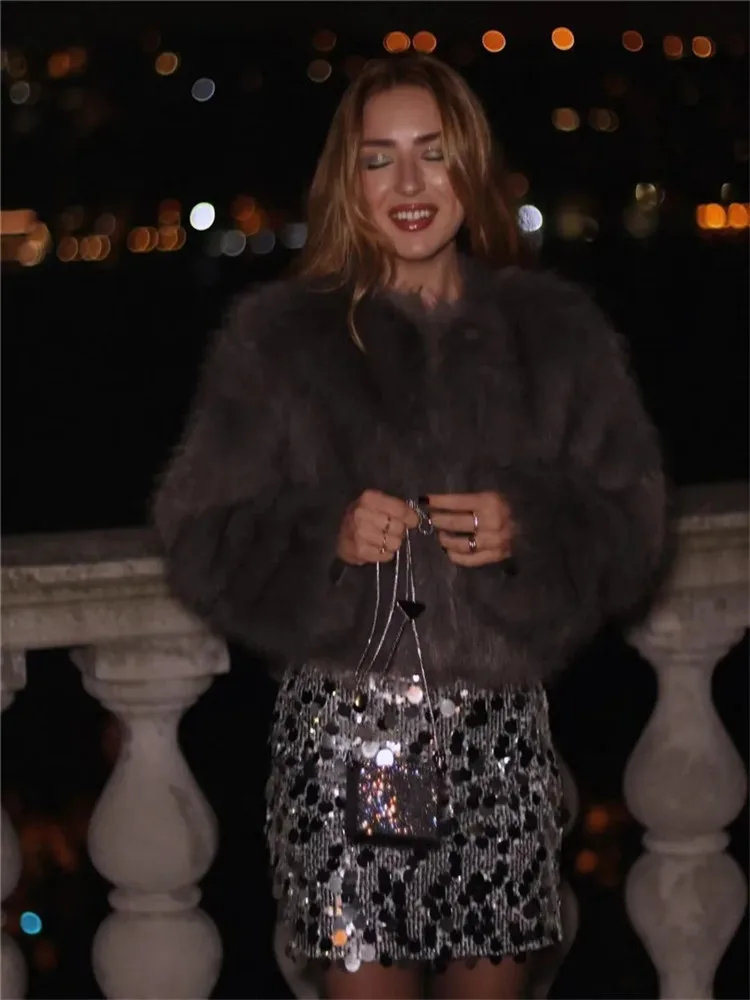 Traf kurz geschnittene Kunst pelz jacke weibliche flauschige Winter frau Mantel Luxus elegante Damen jacken Langarm kurze Mäntel Strickjacke