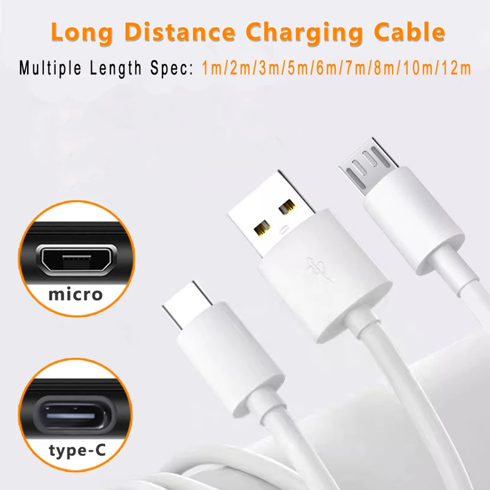 Cabo de carregamento Micro USB para Android e Smart Phone, Carregador Rápido, Cabo de dados, Tipo C, 1m, 2m, 3m, 5m, 6m, 8m, 10m, 12m