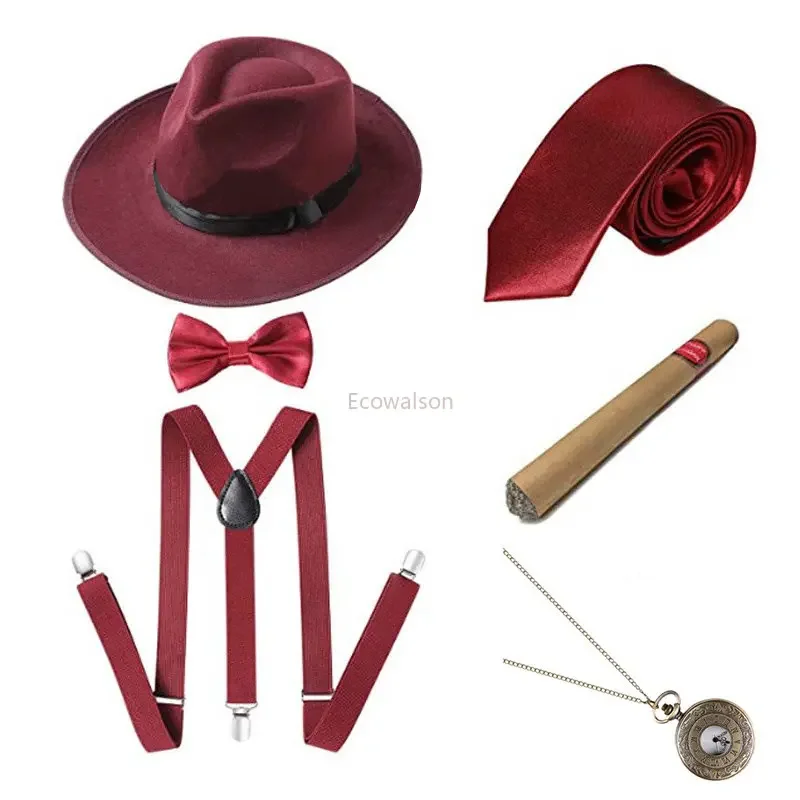 1920s gingster hat Men's Theme Party Retro Style Suit Tweed Hat Bow Tie Strap Cigar Pocket Watch Retro Style Party Jewelry Suit