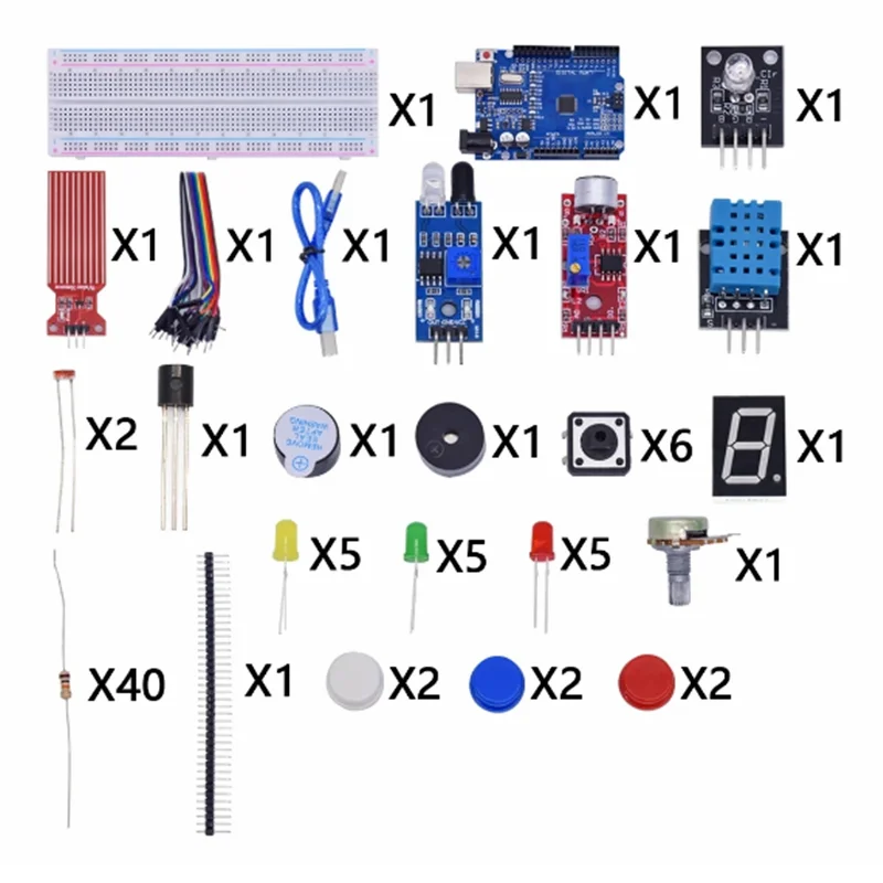 Starter Kit for Arduino Uno R3 Breadboard Basic simple learning kit, sound/water level/humidity/distance detection, LED control