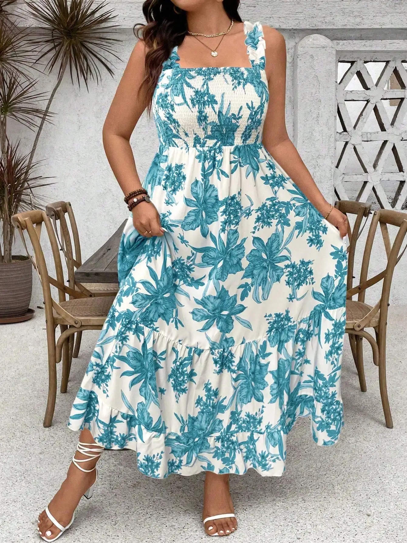 

Elegant Floral Print Ruffle Hem Spaghetti Strap A-Line Maxi Dress For Summer Vacation