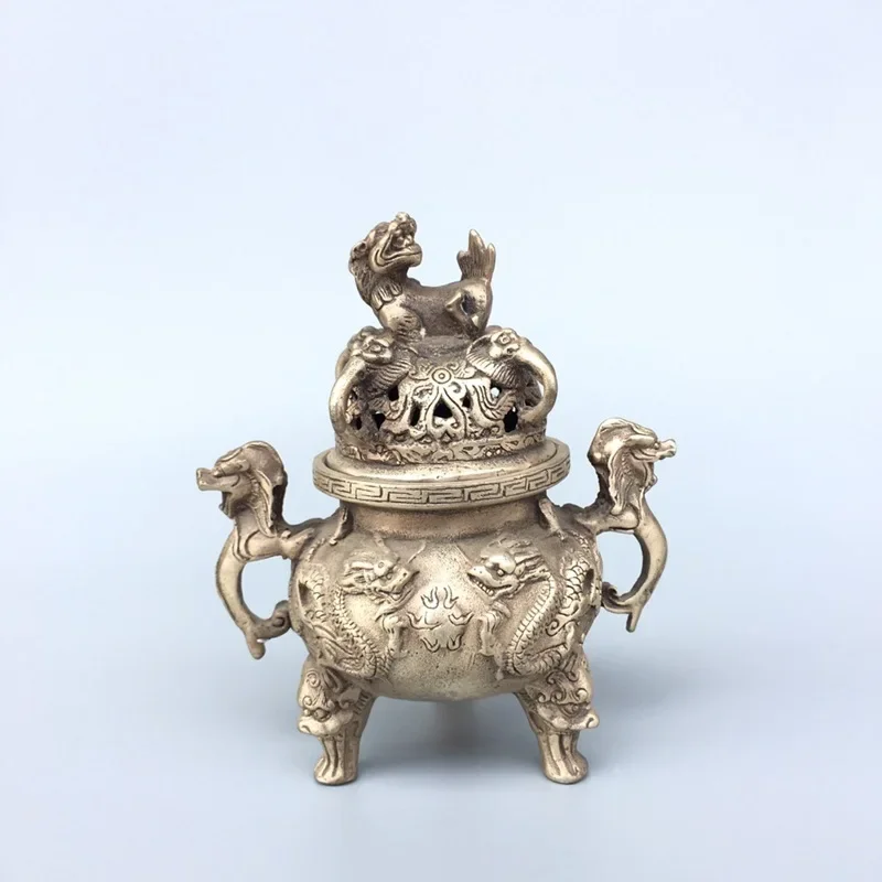 Pure copper, white copper incense burner, dragon playing, beads, handicrafts and ornaments