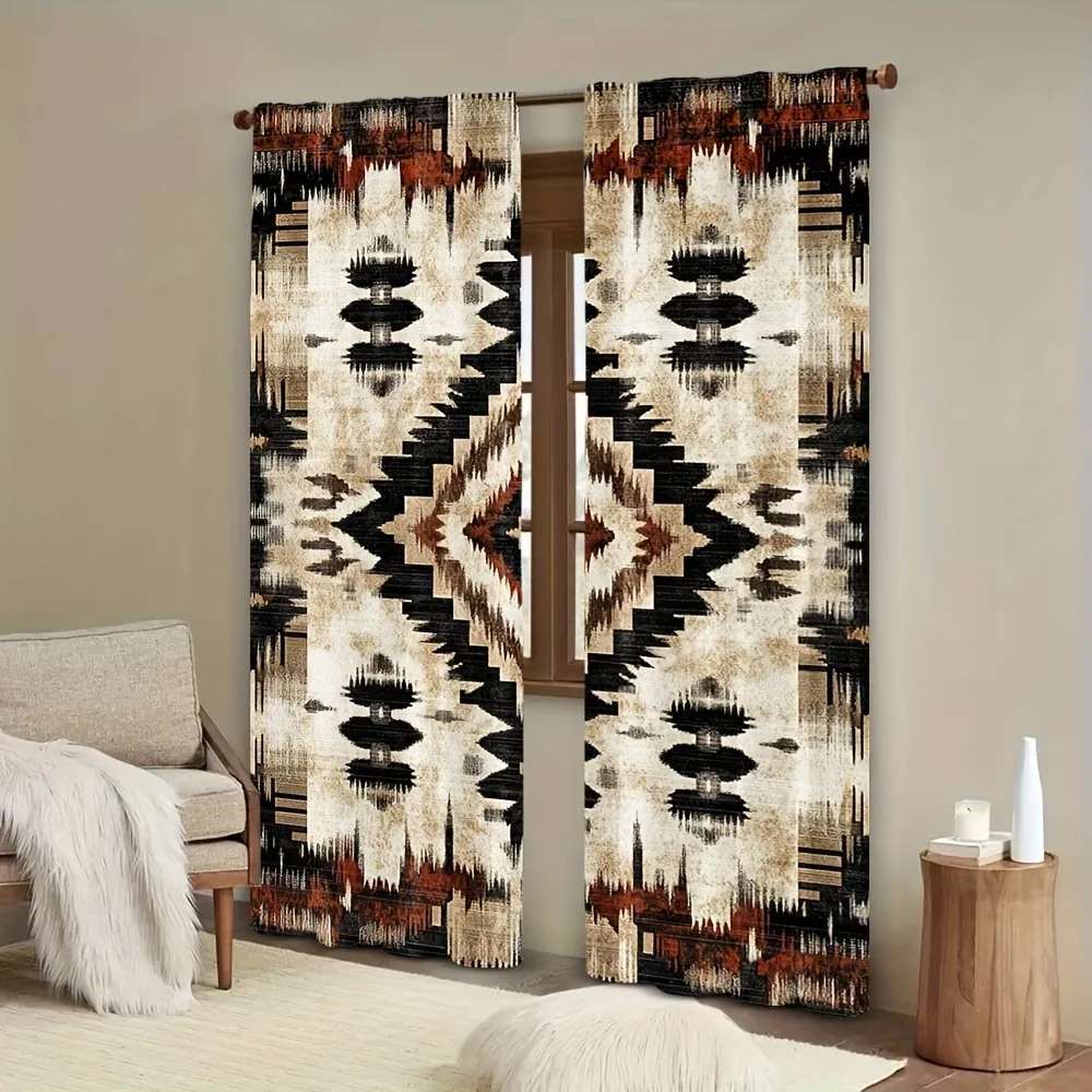 2PCS Digital Print Curtain, Bohemian Tribal Totem Geometric Pattern, Ethnic Boho for Living Room Bedroom Kitchen Decor
