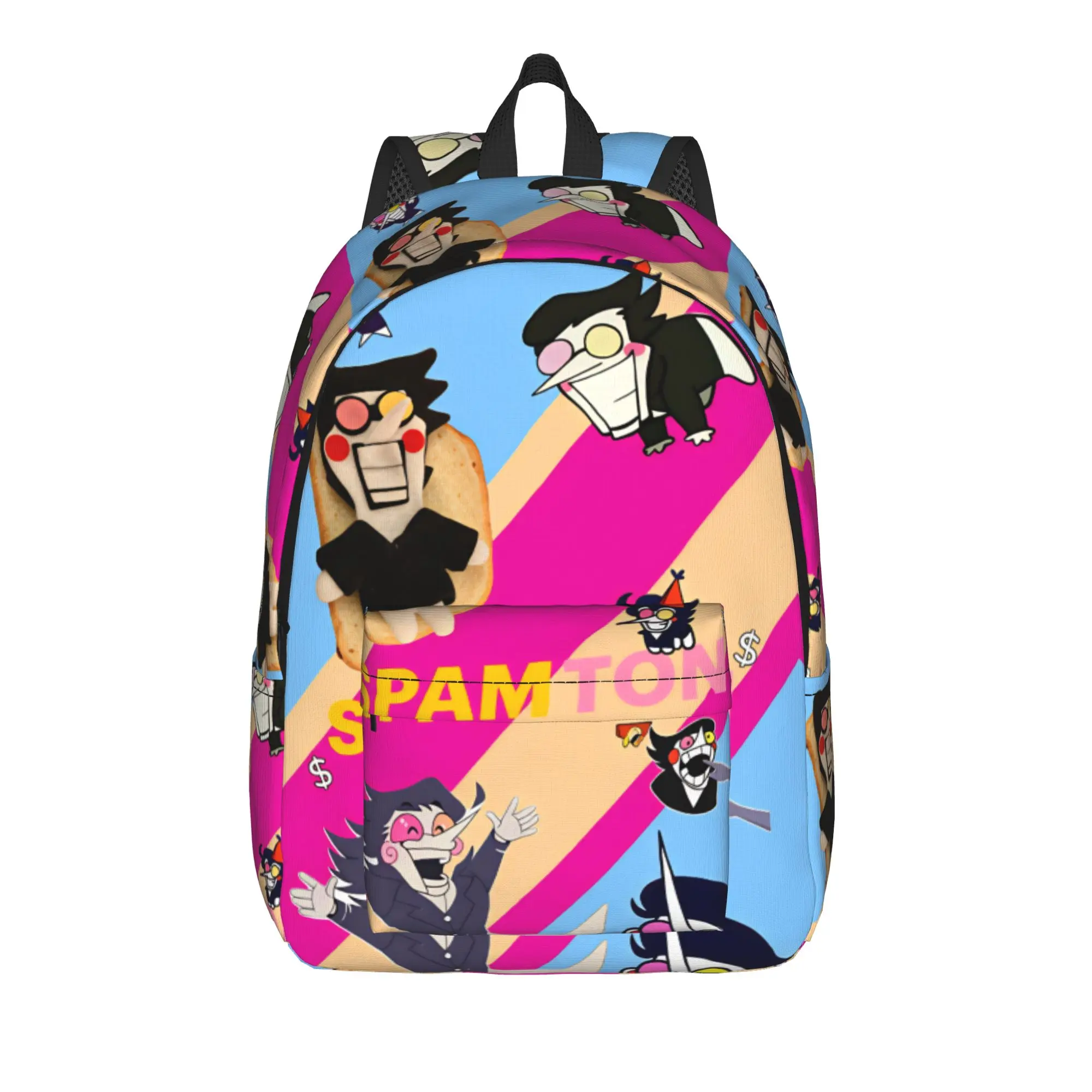 Deltarune Spamton Multi Cute Forms Striped Background Spamton Text Backpack Travel Backpacks Male Cute High School Bags Rucksack