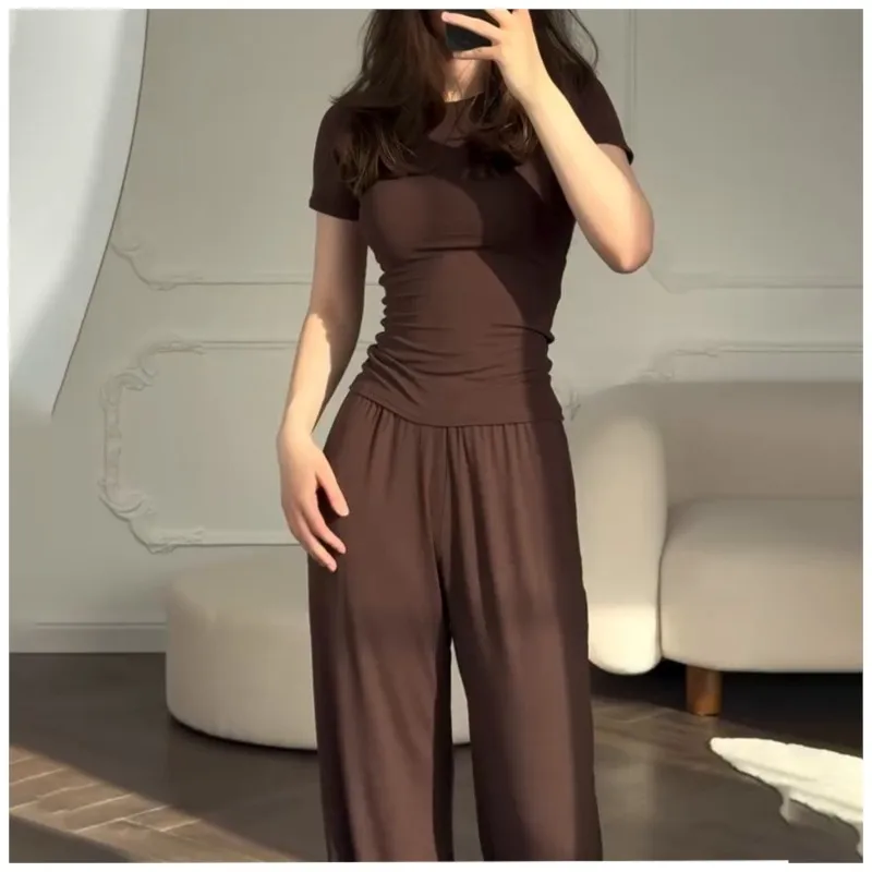 

Two-piece Suit Women's Pants Suit Slim Round Neck Short Sleeve Shirt Women's Office Clothing Summer Ladies Sportswear 2025