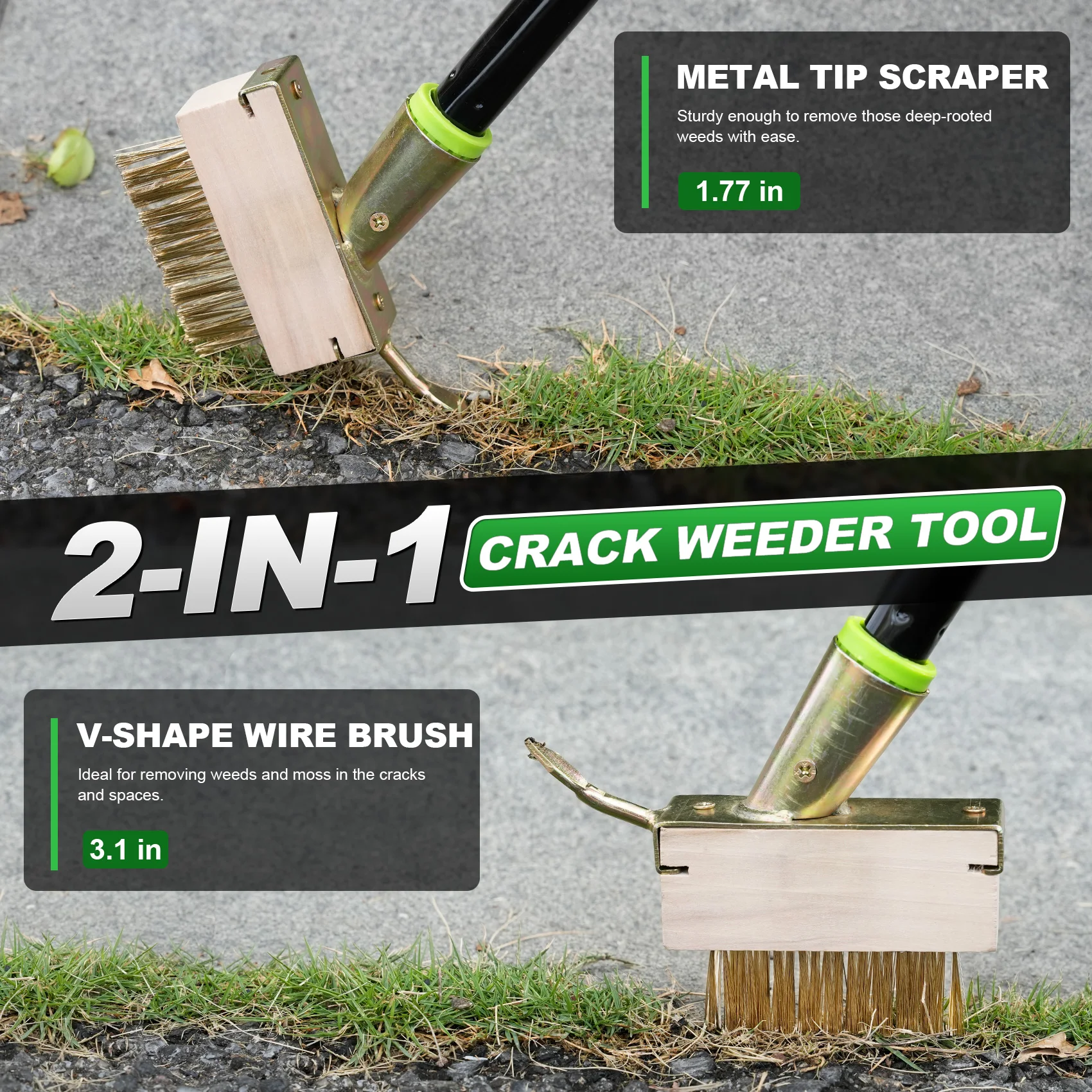 50IN Long Handle Moss Removal Brush - Deck Crevice Cleaning Tool with Wire Brush And Metal Blade for Driveway Patio Weed Remover