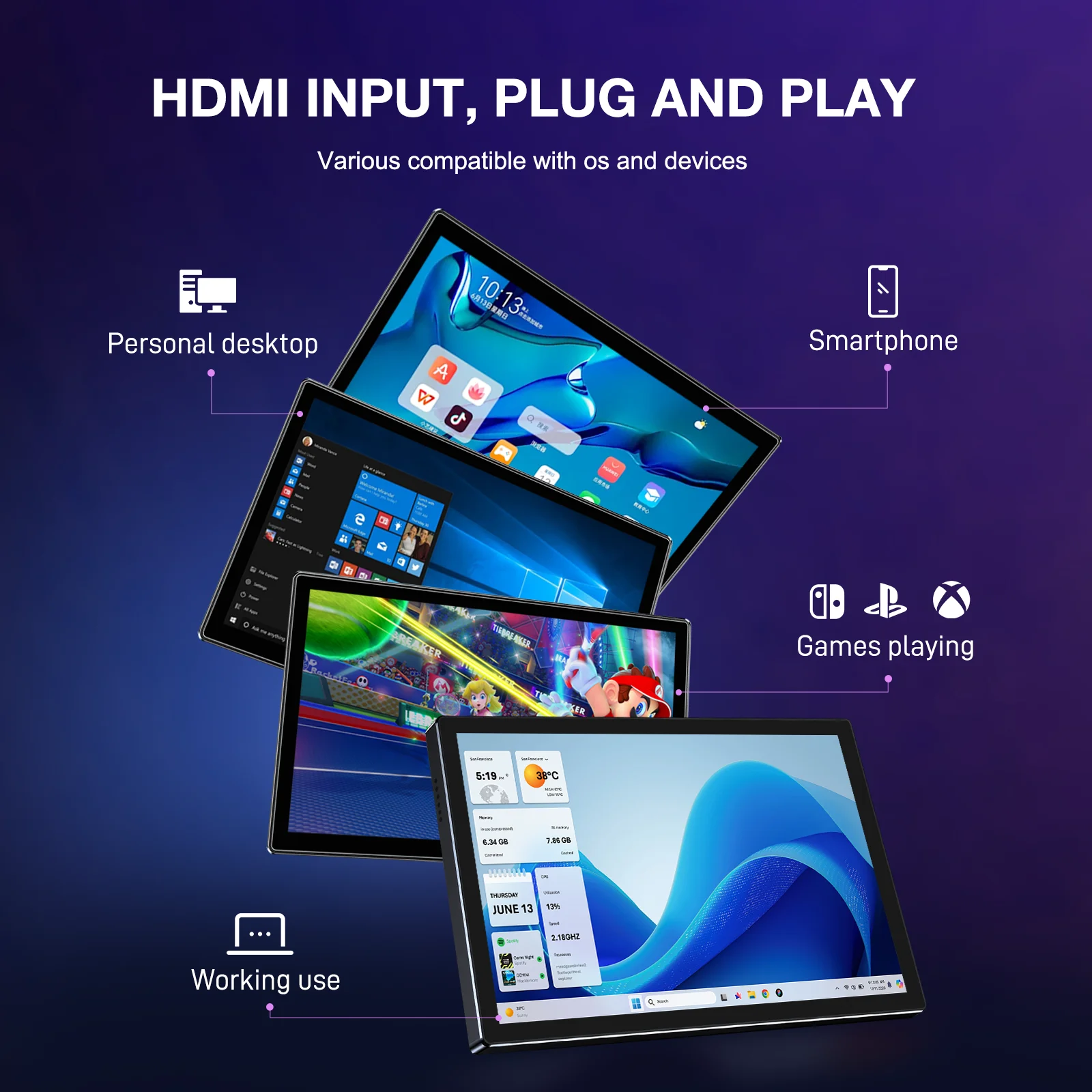 11인치 2.5K 터치스크린 휴대용 모니터 2560x1600 IPS VESA 75*75mm 16:10 USB-C HDMI 디스플레이 노트북 Mac PC PS5 스위치용 썸네일 2