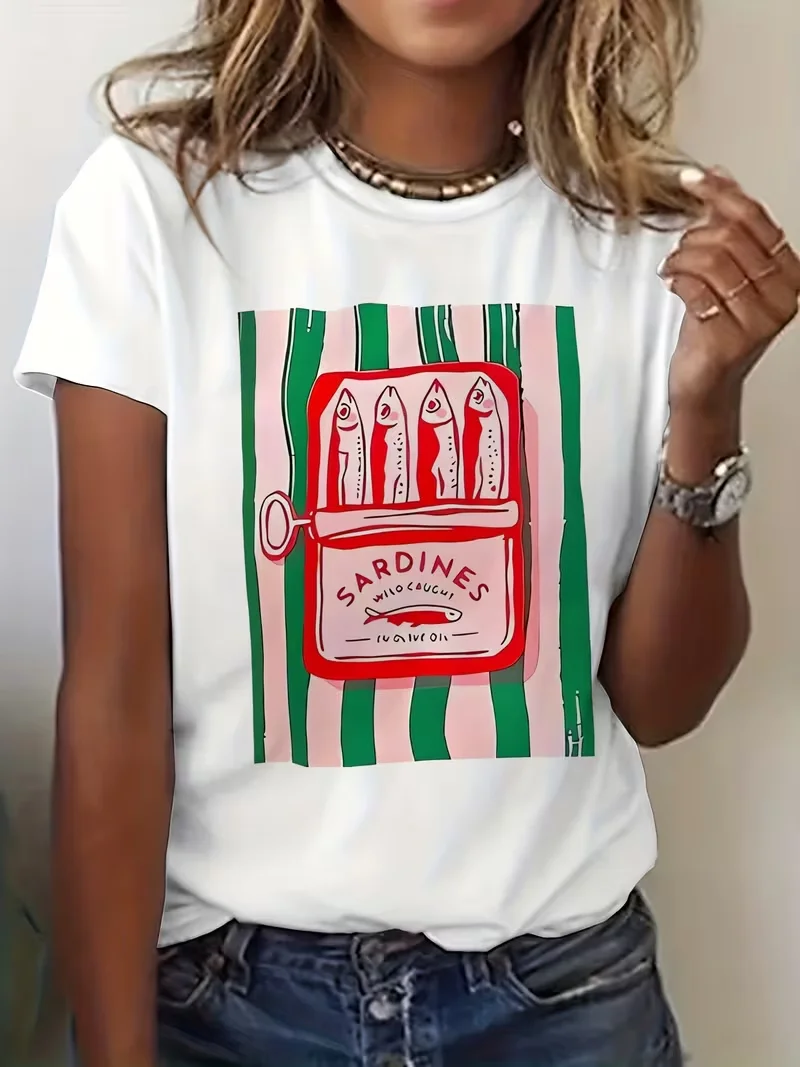 Women's Sardines Fish Retro Graphic T-Shirt - Short Sleeve Crew Neck Casual Summer Top  Print for Beach Outfits & Casual Attire