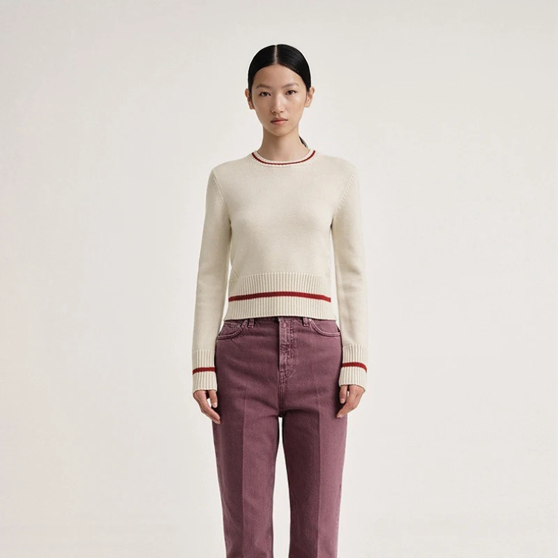 

Женский шерстяной вязаный свитер Nordic Small Market Tot Sle осенне-зимний, мягкий, в красную полоску, приталенный, с круглым вырезом