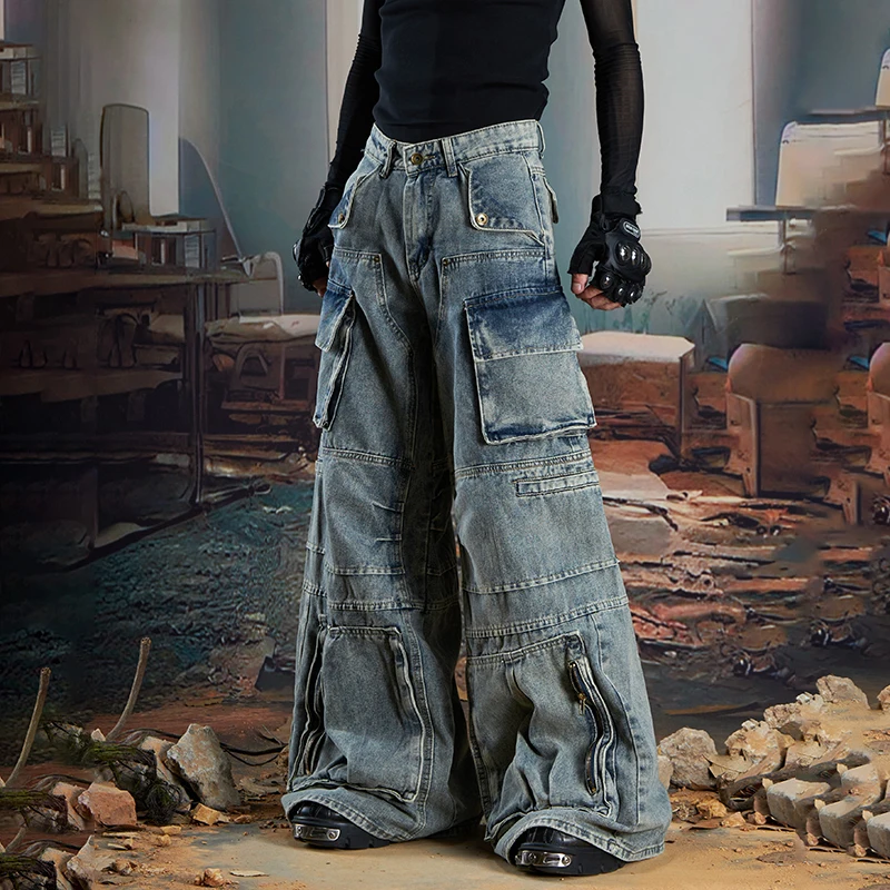 LUZHEN Original New Streetwear Multi Pockets Design Loose Cargo Jeans Men's 2025 Vintage Washed Wide Leg Denim Pants Male JY4810
