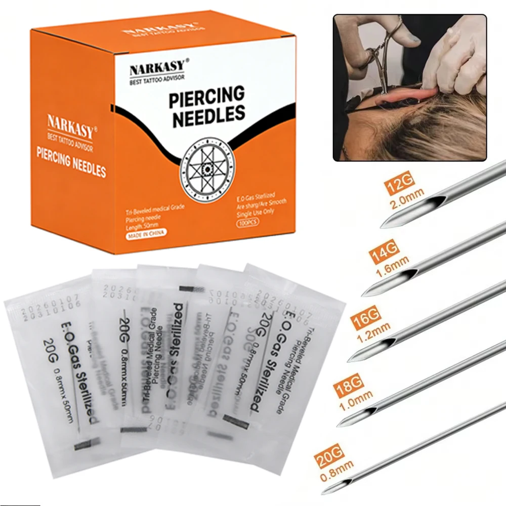 

NARKASY 100PCS Disposable Sterile Body Piercing Needles Medical Tattoo Needle for Navel Nipple Lip Ear Nose Puncture