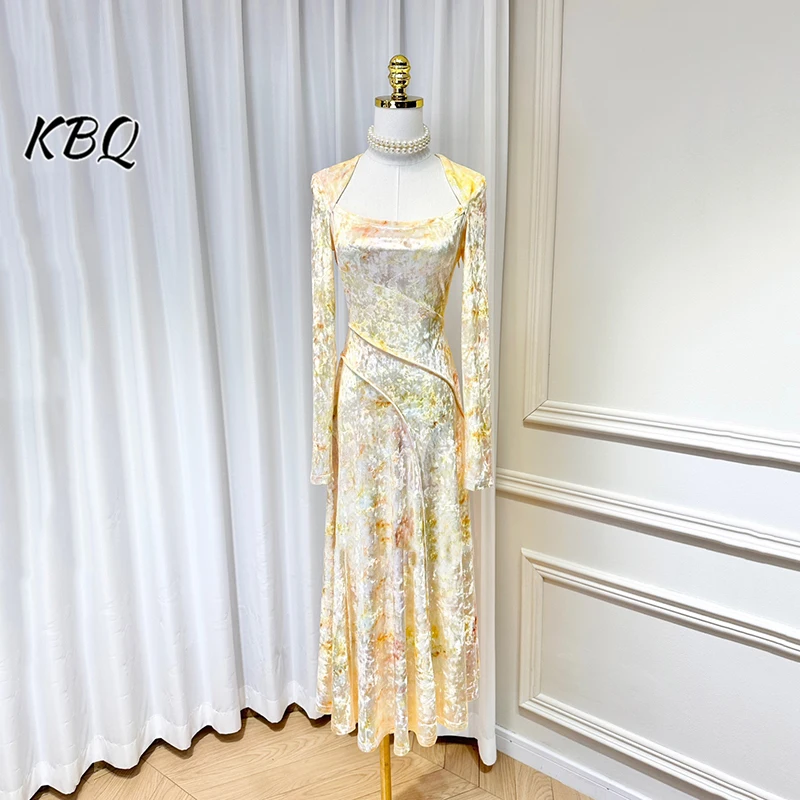 

KBQ Colorblock Printting Temperament Dresses For Women Square Collar Long Sleeve High Waist Minimalist Party Dress Female New