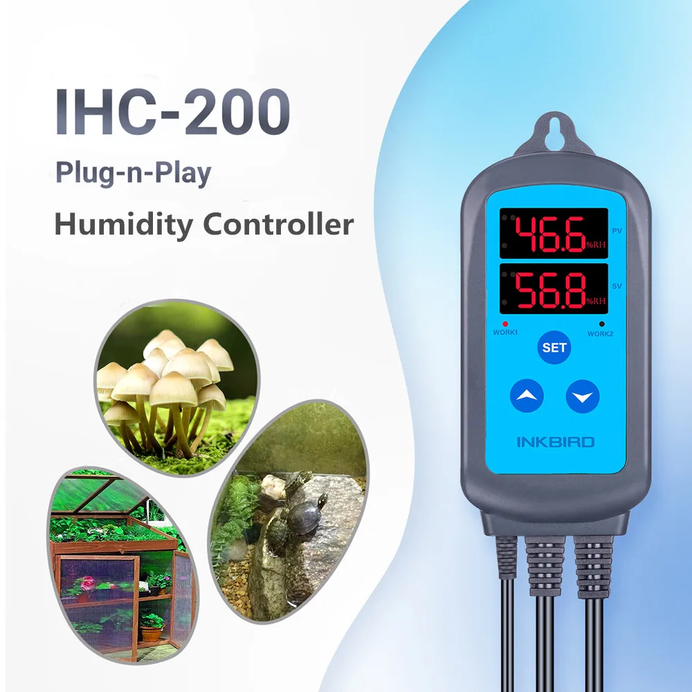 INKBIRD IHC-200 Humidity Controller with Moisture Probe Dual Outlet Pre-Wired Smart Moisture Controller for Brewing,Breeding